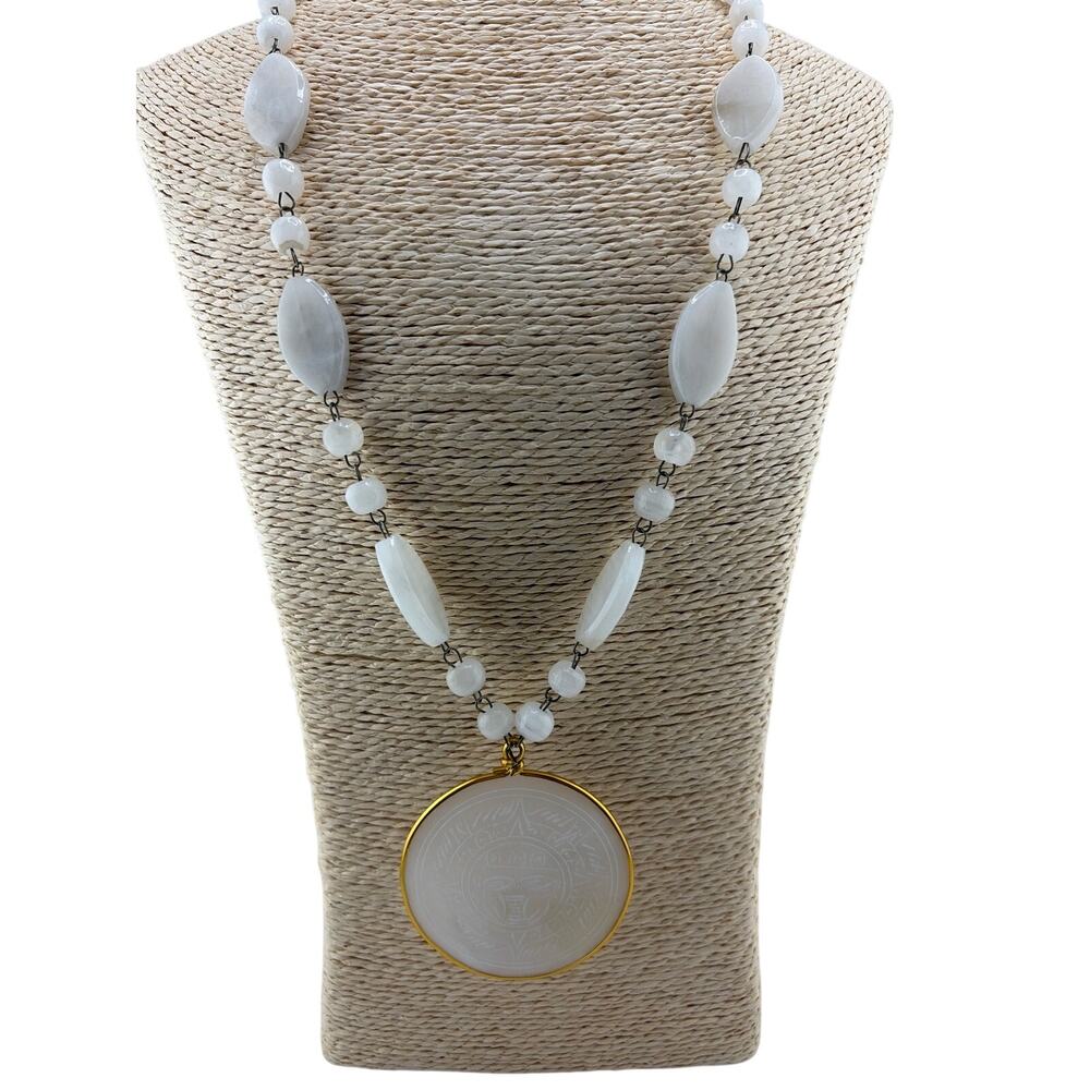 Vintage White Jadeite Quartz Aztec Mayan Sun Necklace